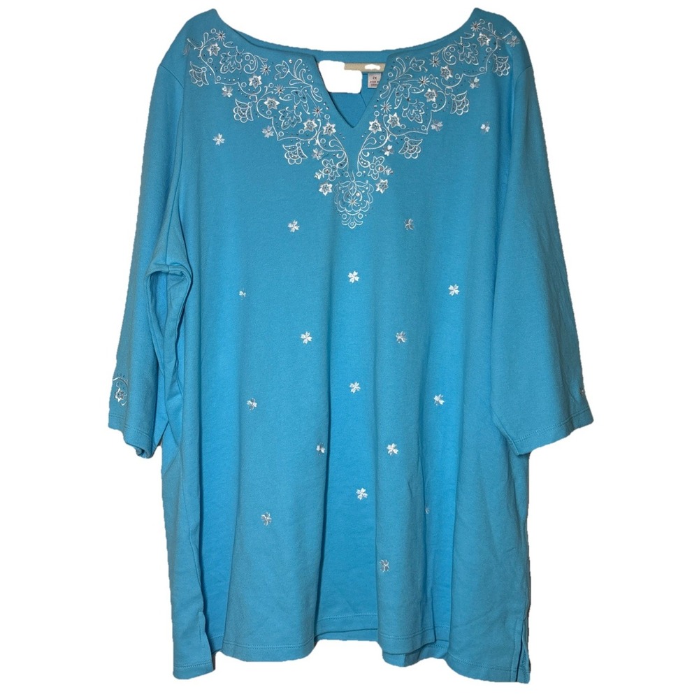 Quacker Factory Top Women Blue NWT Embroidered Rhinestone 2X